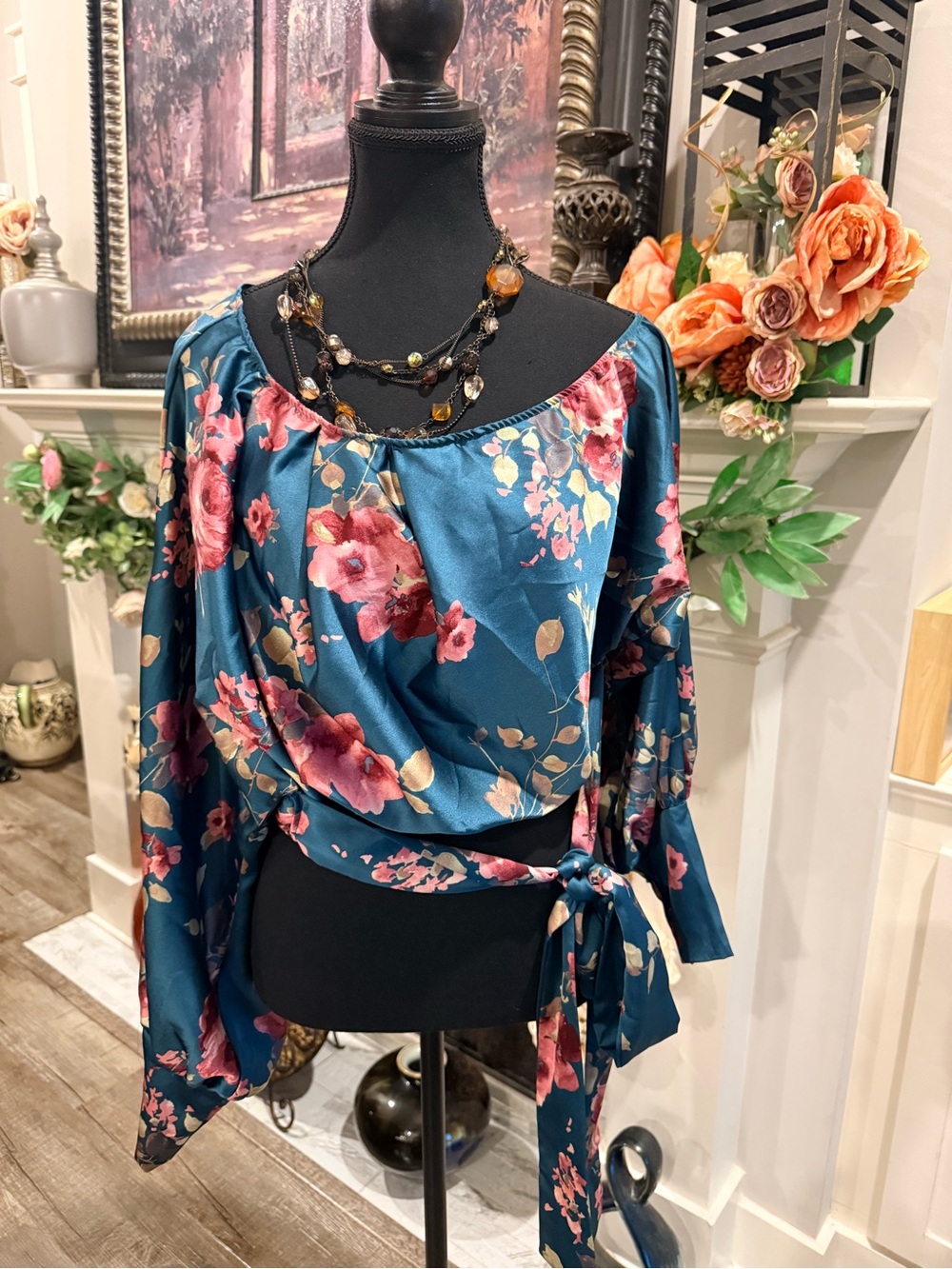 Fashion Nova Teal Satin Floral Wrap Top with Pink Blooms NWT